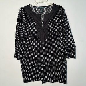 RALPH LAUREN Casual/Office BLK/WHT Polka Dot Split V-Neck 3/4SLV Cotton Tunic 2X